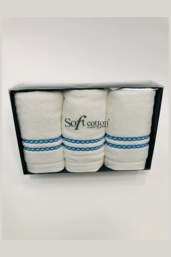 Soft Cotton 3x malý ručník CHAINE 30x50 cm Bílá / modrá výšivka 